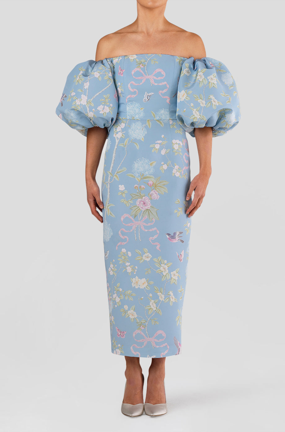 Sylvia Beheld Butterfly Floral Silk Faille Midi Dress Sylvia Beheld Butterfly Floral Silk Faille Midi Dress