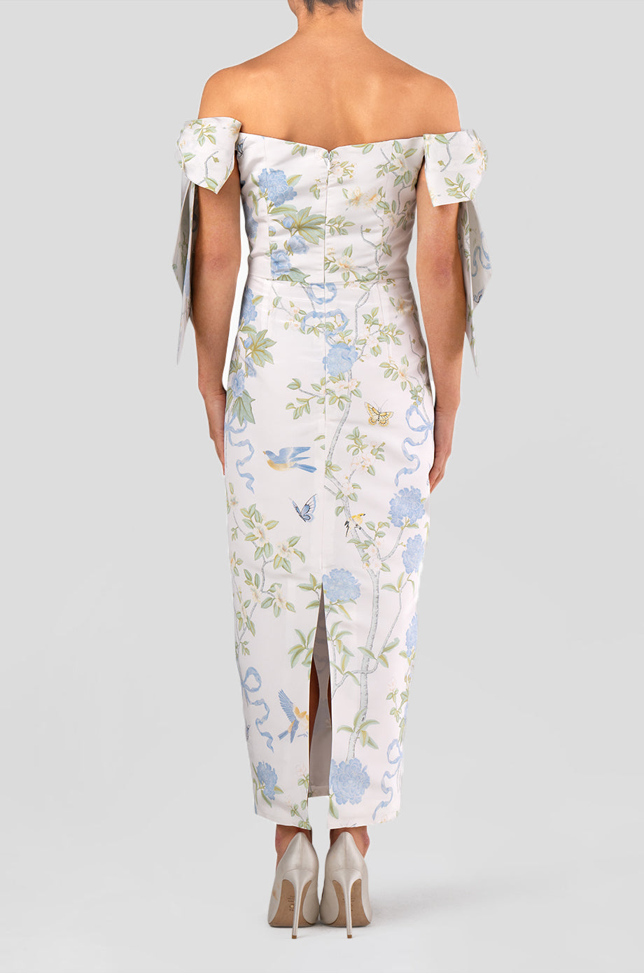 Isabella Beheld Butterfly Floral Silk Faille Midi Dress