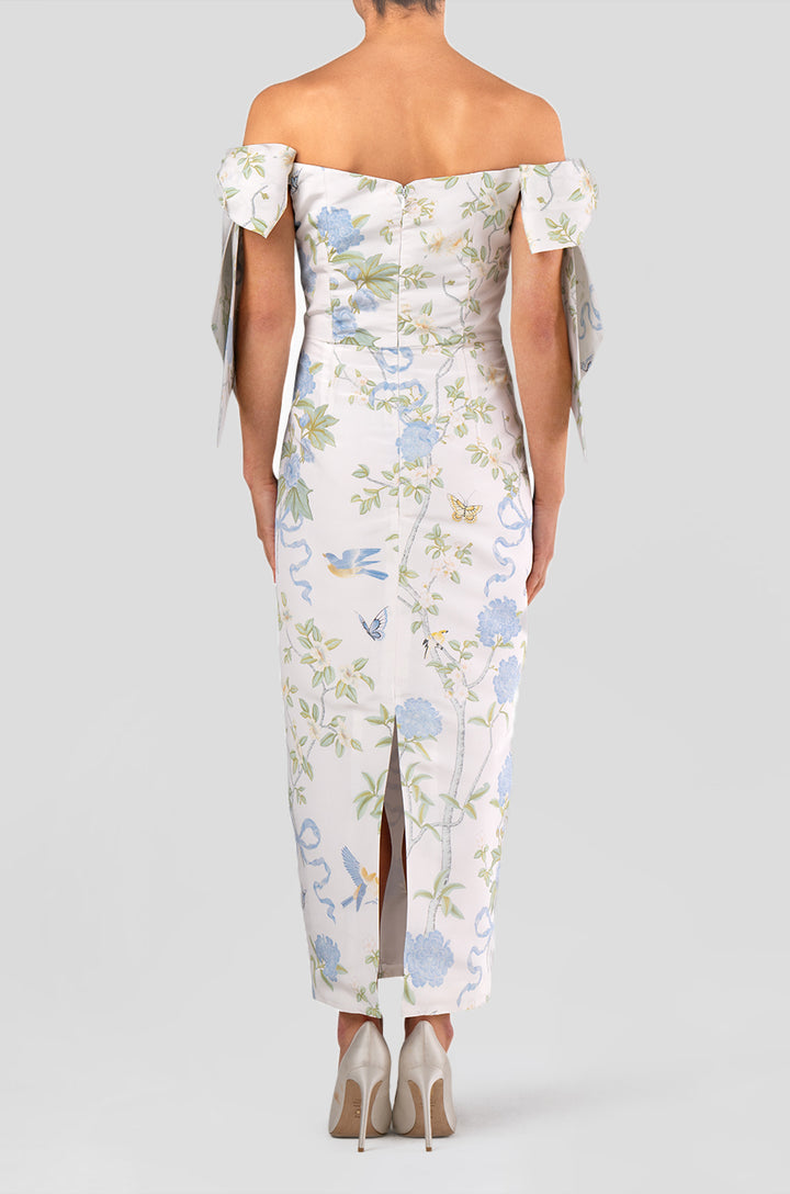 Isabella Beheld Butterfly Floral Silk Faille Midi Dress