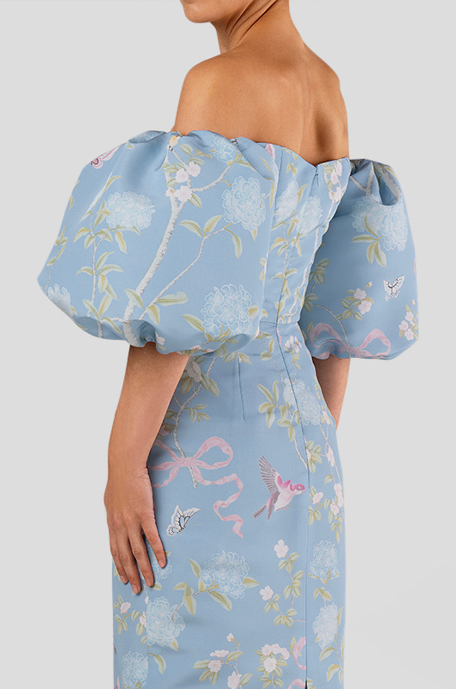 Sylvia Beheld Butterfly Floral Silk Faille Midi Dress