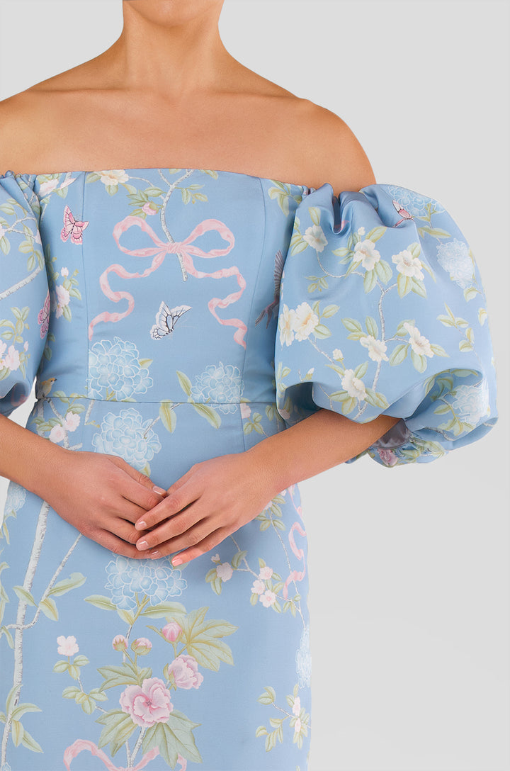 Sylvia Beheld Butterfly Floral Silk Faille Midi Dress