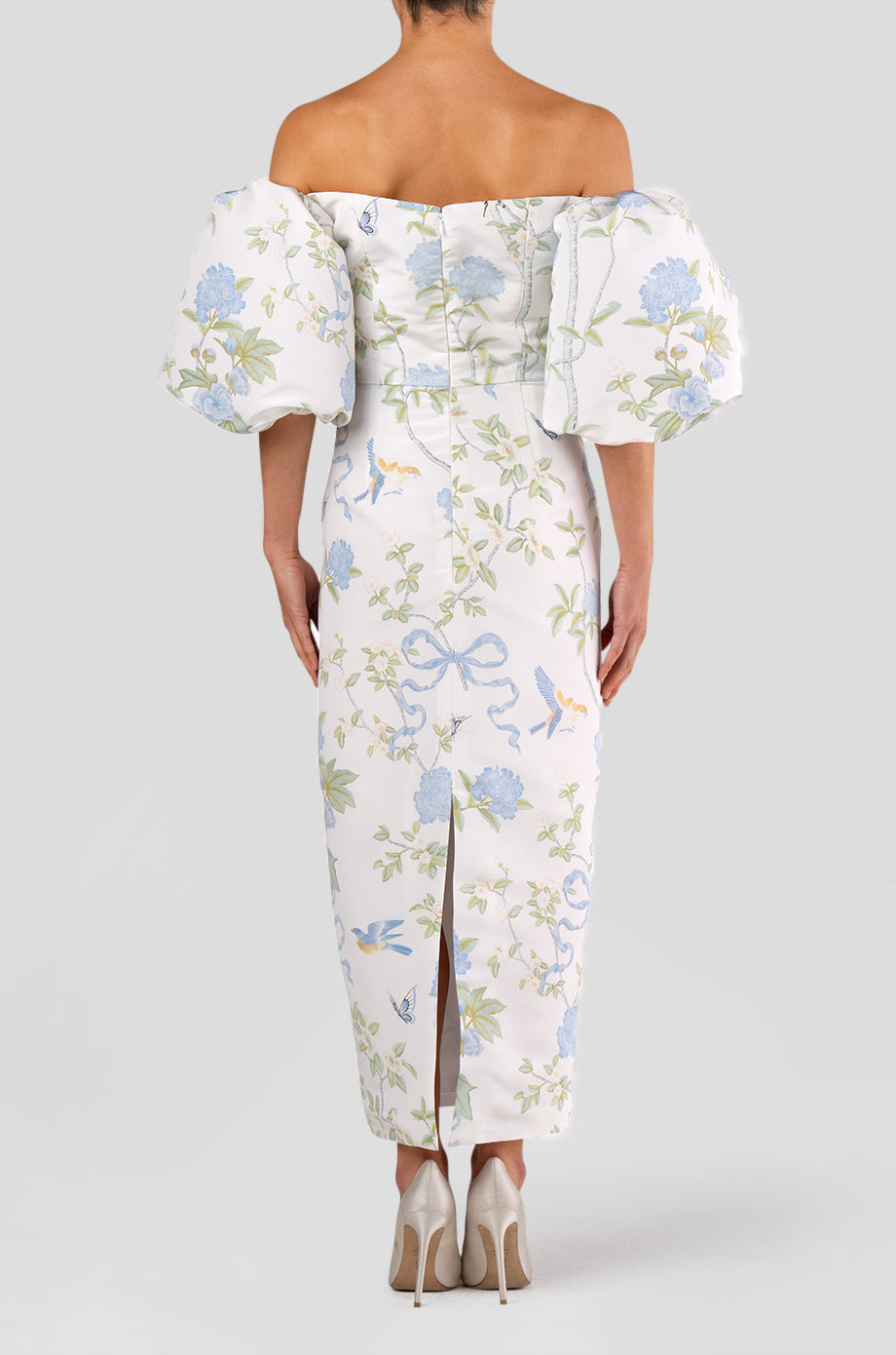 Sylvia Beheld Butterfly Floral Silk Faille Midi Dress