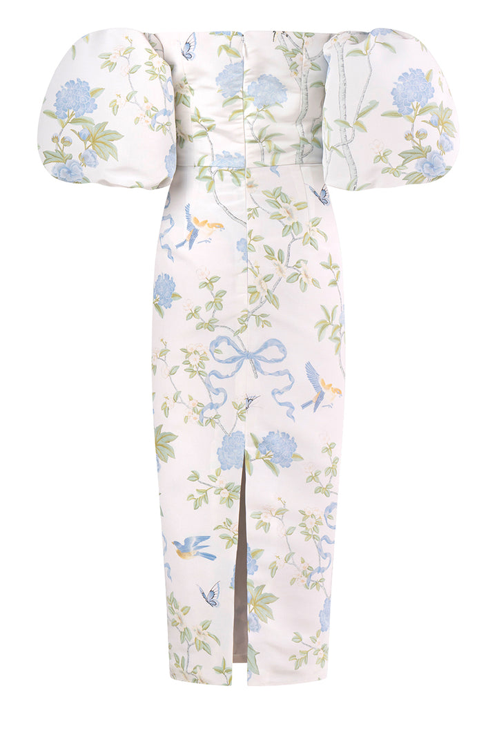 Sylvia Beheld Butterfly Floral Silk Faille Midi Dress