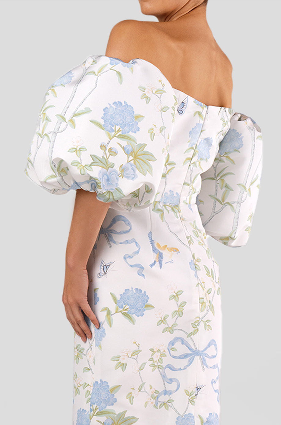 Sylvia Beheld Butterfly Floral Silk Faille Midi Dress