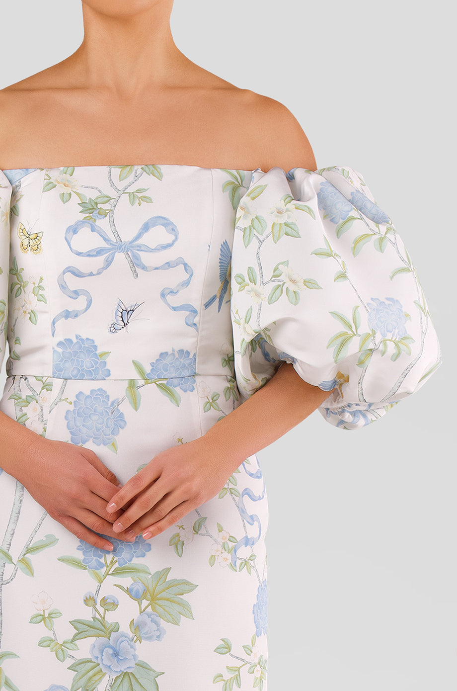 Sylvia Beheld Butterfly Floral Silk Faille Midi Dress