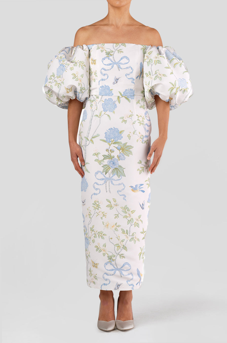 Sylvia Beheld Butterfly Floral Silk Faille Midi Dress