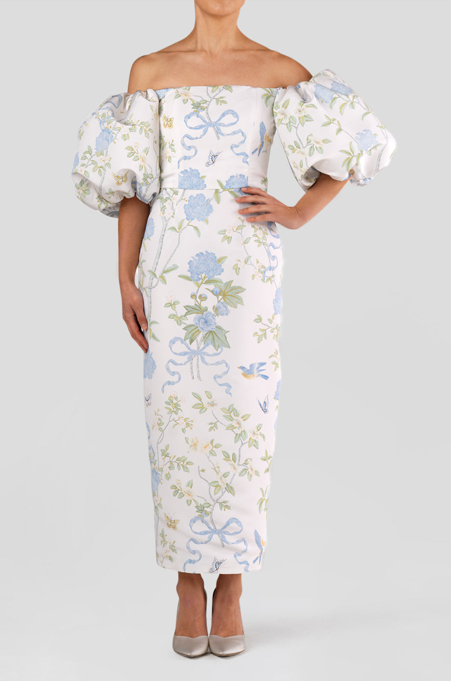 Sylvia Beheld Butterfly Floral Silk Faille Midi Dress