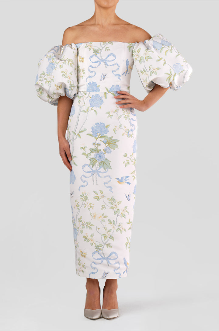 Sylvia Beheld Butterfly Floral Silk Faille Midi Dress