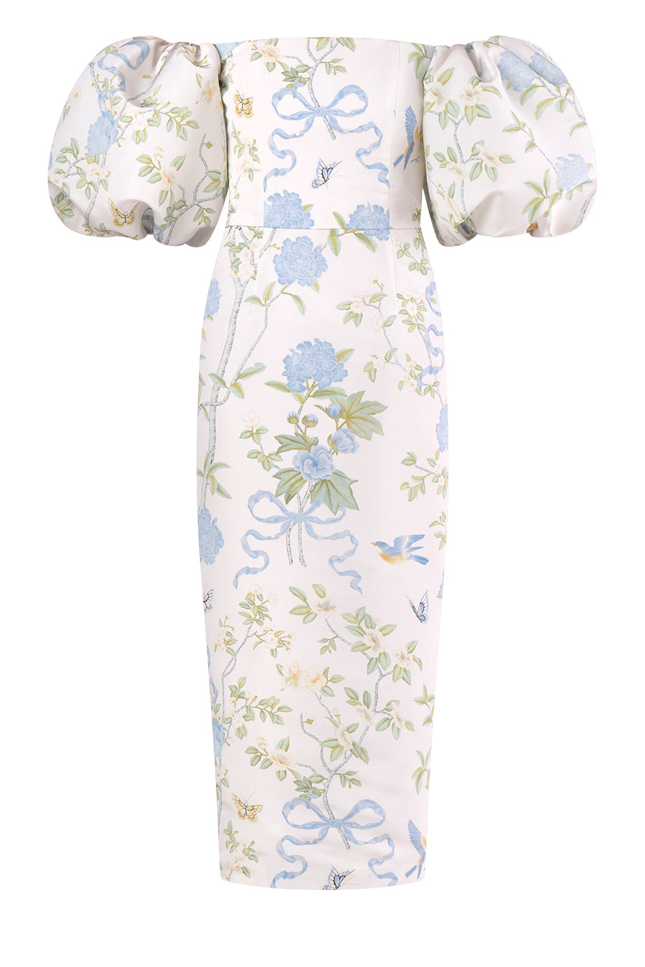 Sylvia Beheld Butterfly Floral Silk Faille Midi Dress