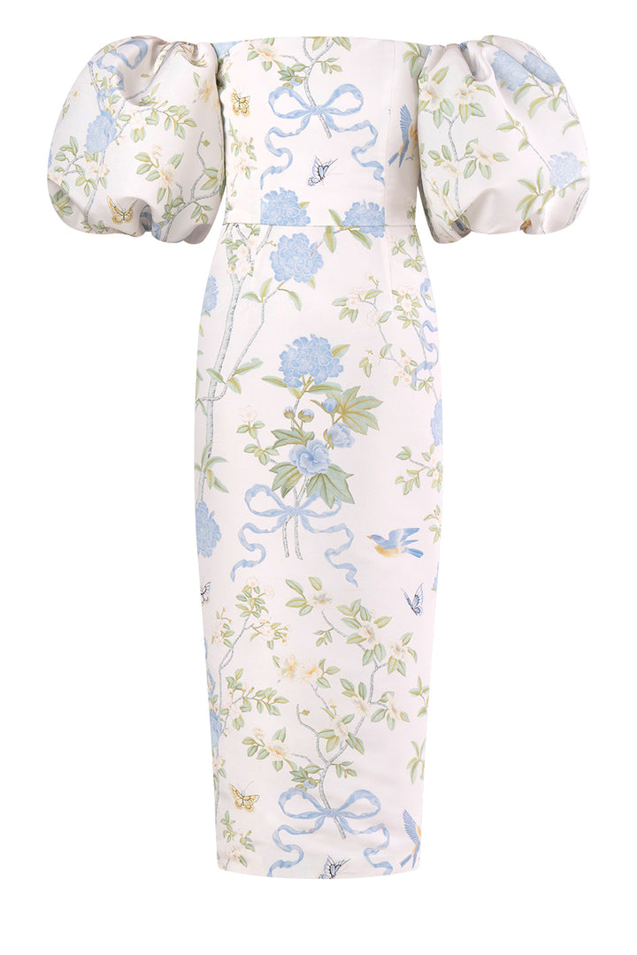 Sylvia Beheld Butterfly Floral Silk Faille Midi Dress