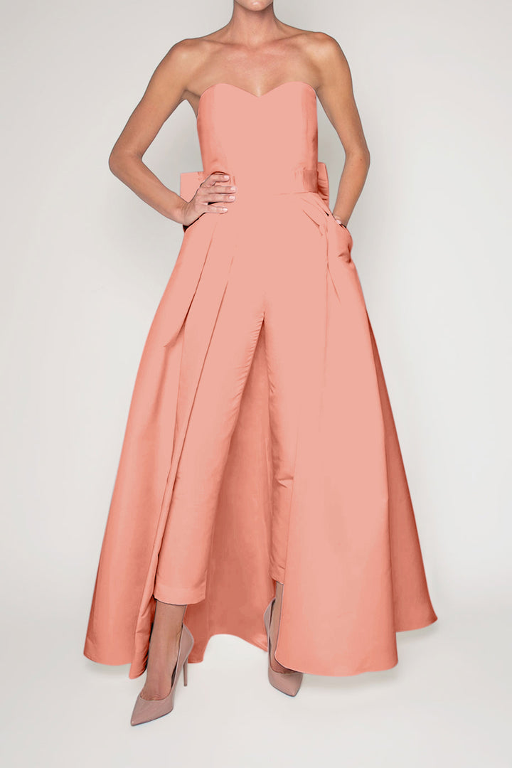 Silk Faille Bow Back Jumpsuit with Convertible Skirt