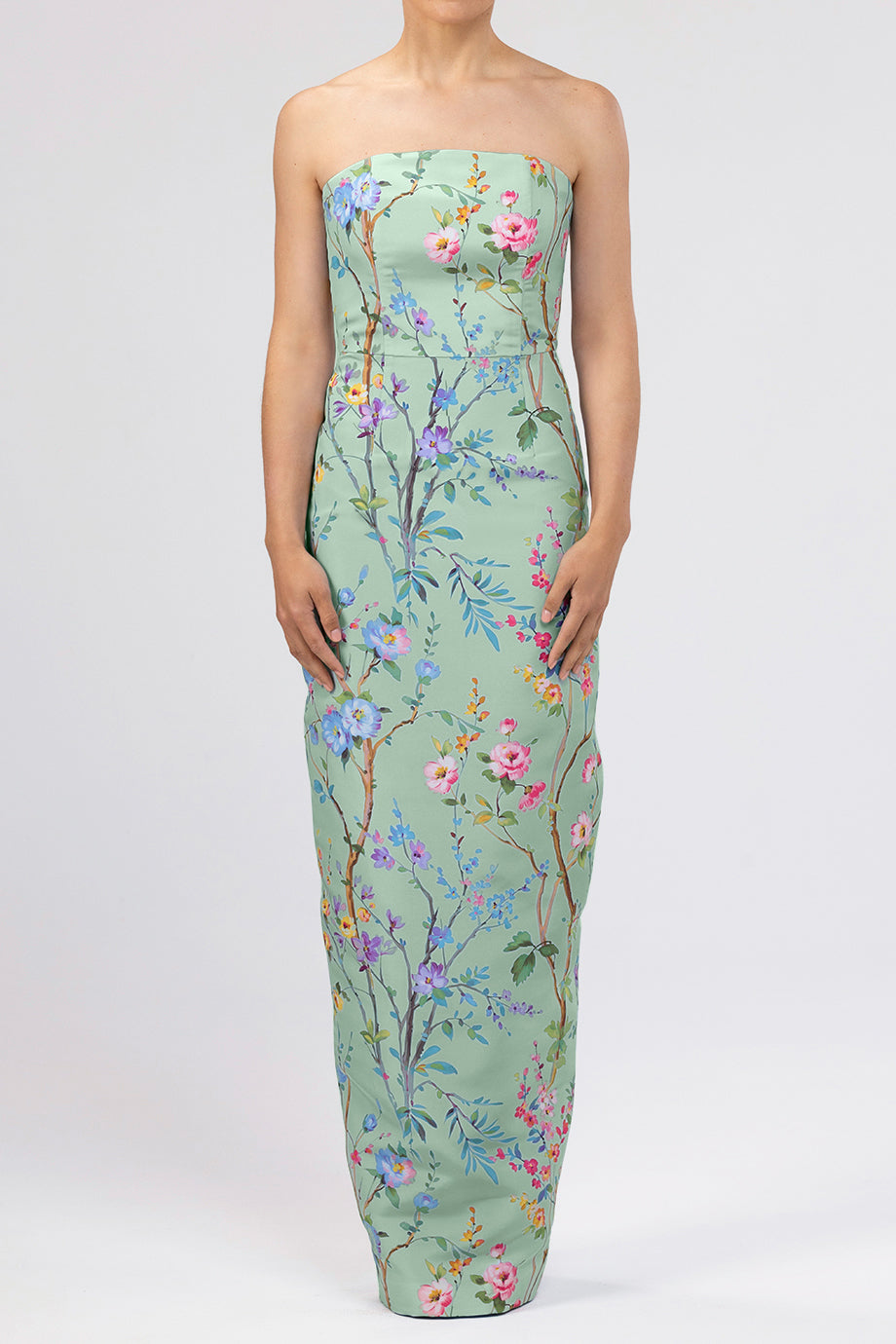 Elizabeth Garden Reverie Silk Faille Column Gown in Celadon Floral Celadon Floral / 10 Elizabeth Garden Reverie Silk Faille Column Gown in Celadon Floral Celadon Floral / 10