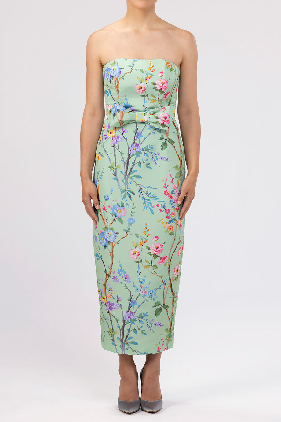 Elizabeth Garden Reverie Silk Faille Midi Dress with Bow Belt in Celadon Floral Celadon Floral / 0