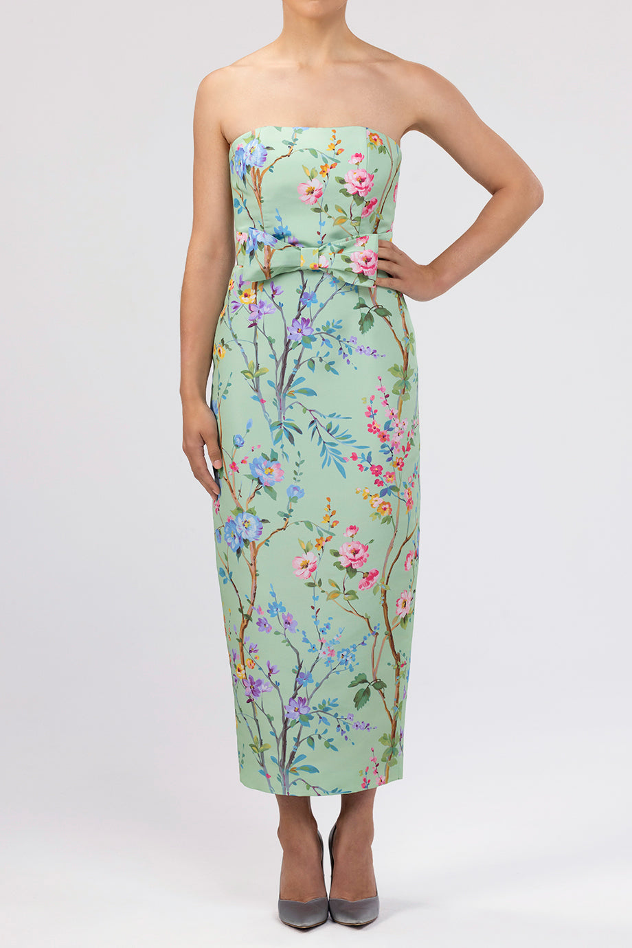 celadon green dress Lucie Garden Reverie Silk Faille A-Line Midi in Floral 14 Button keyhole at back Elizabeth Garden Reverie Silk Faille
