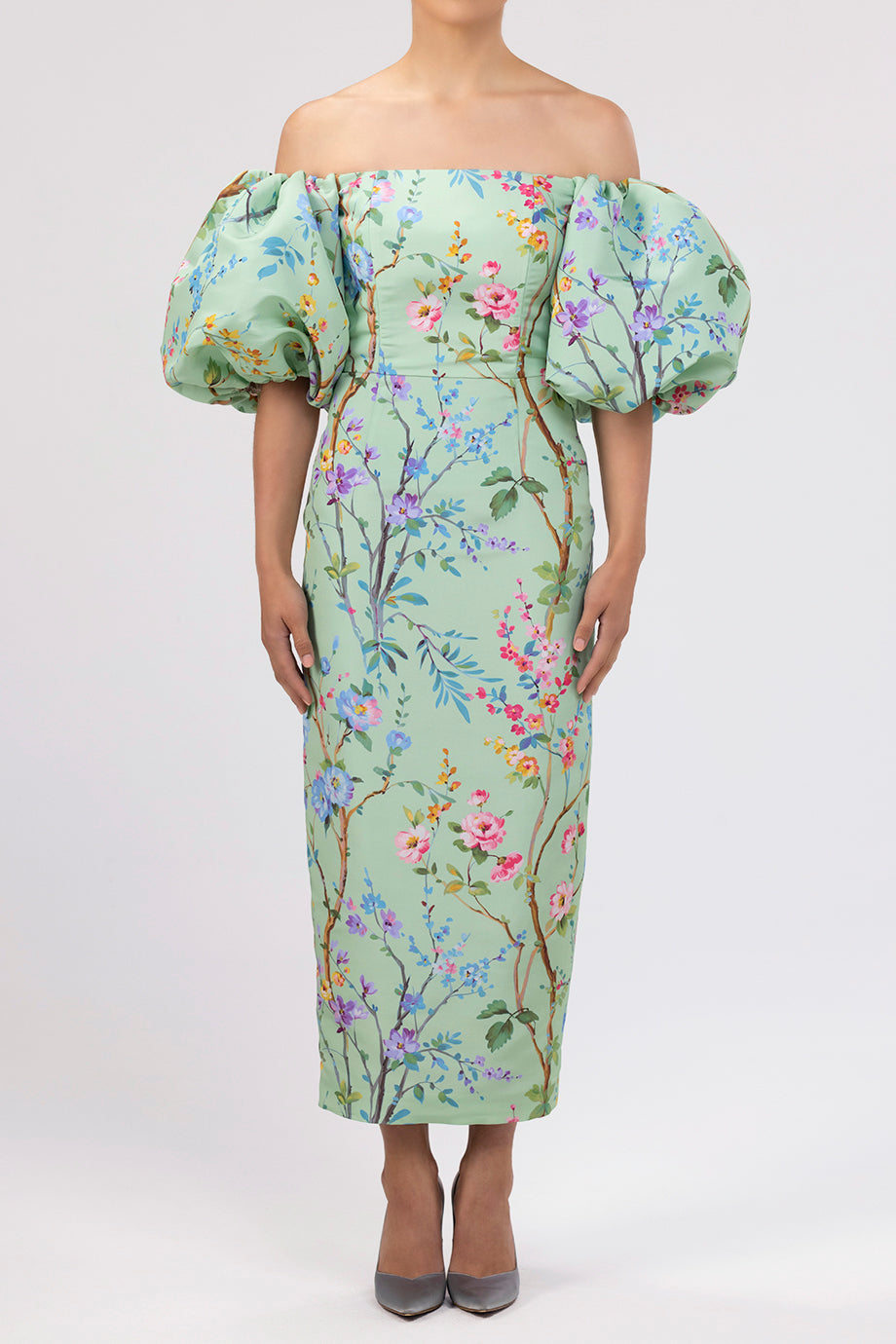 celadon green dress Sylvia Garden Reverie Silk Faille Midi Dress Celadon Floral / 12