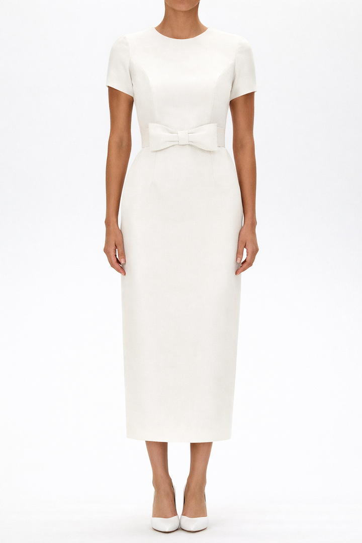 Claudia Silk Faille Midi Dress with Bow Belt
