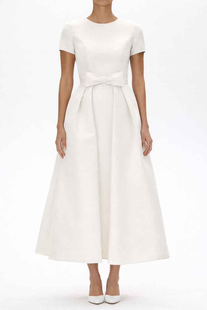 Claudia Silk Faille Midi Dress with Mid-Length Bow Convertible Skirt
