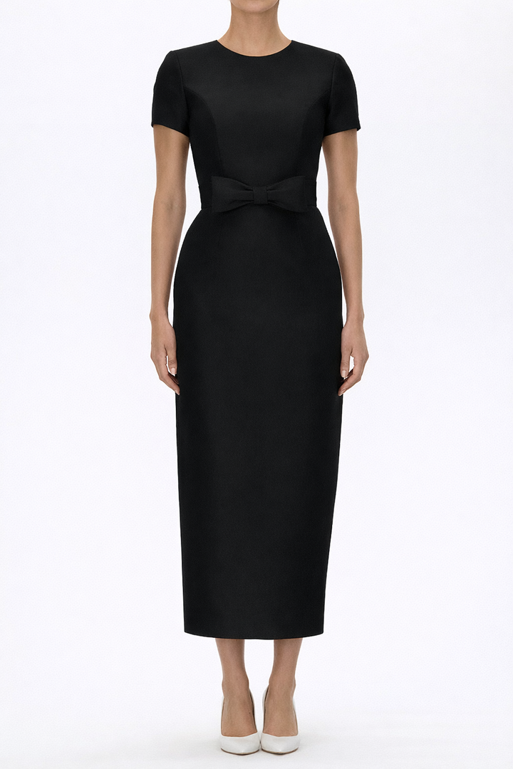Claudia Silk Faille Midi Dress with Bow Belt