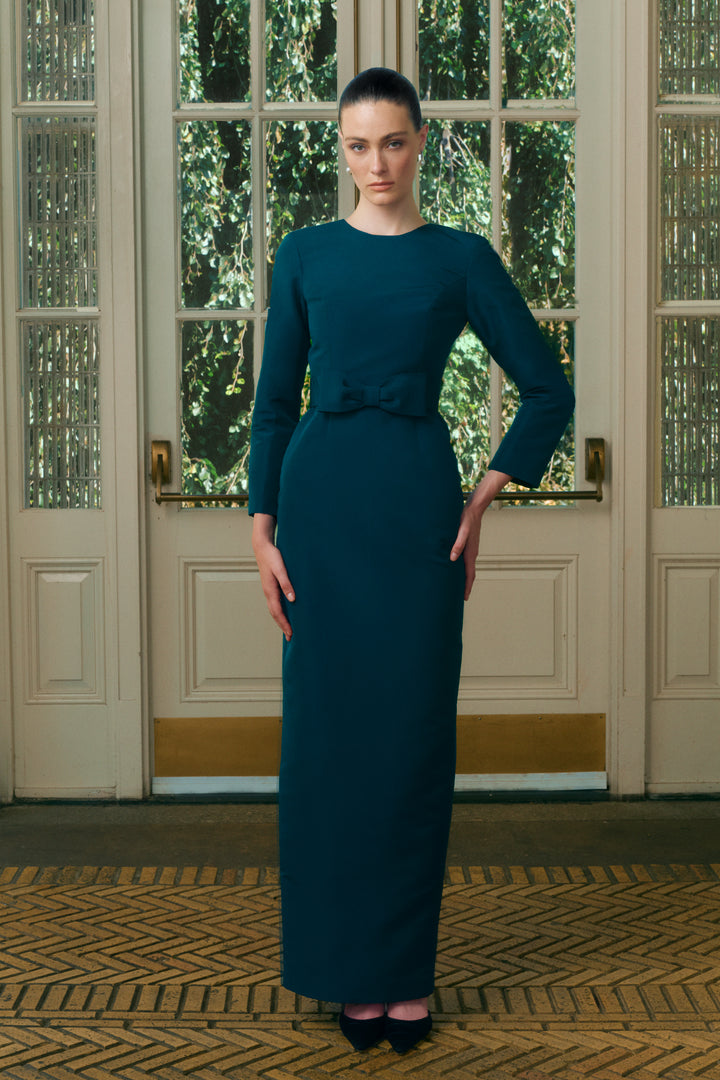 Cristina Silk Faille Column Gown with Bow Belt