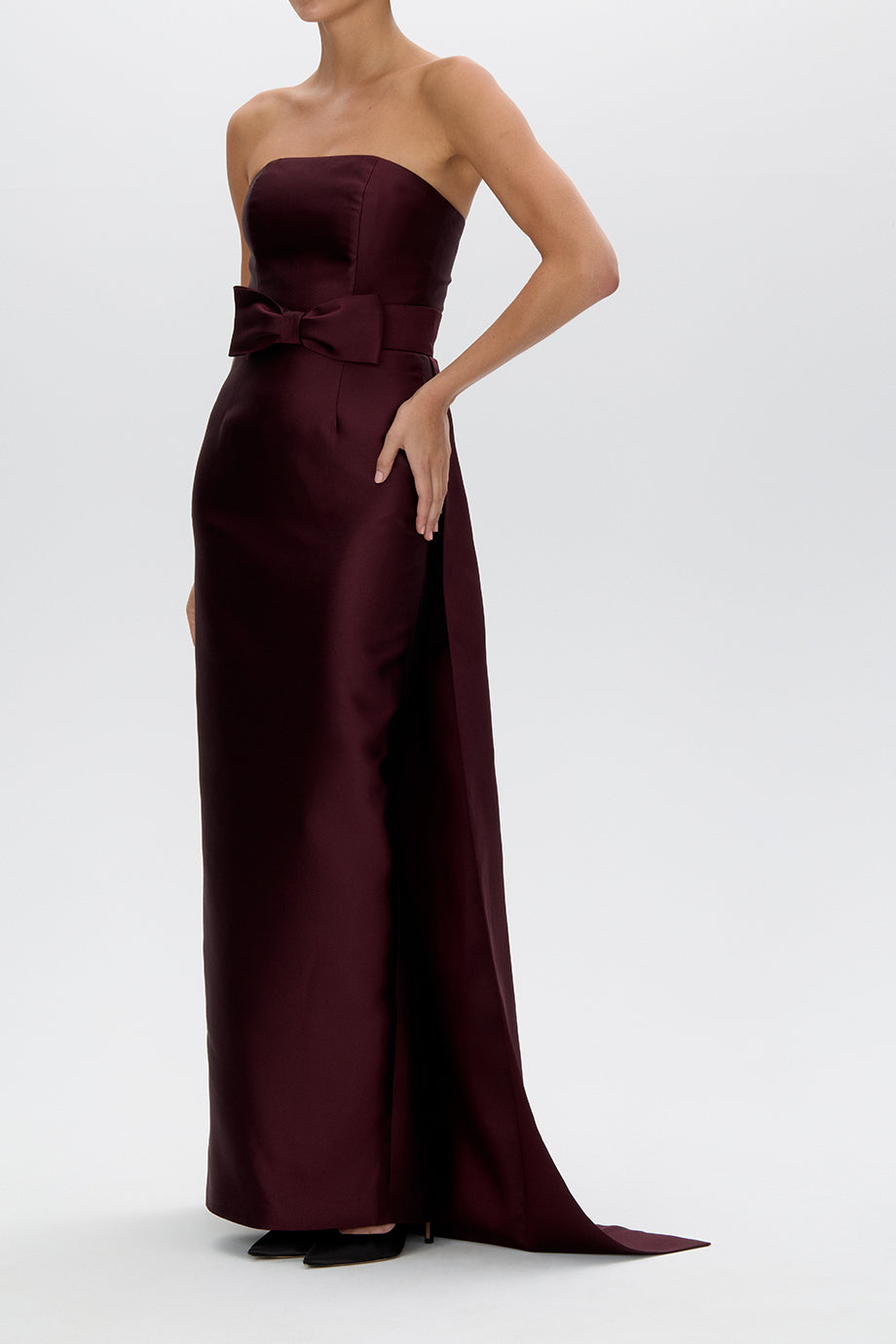 Eliza Silk and Wool Column Gown with Detachable Bow Train