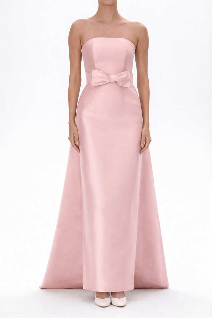Eliza Silk and Wool Column Gown with Detachable Bow Train