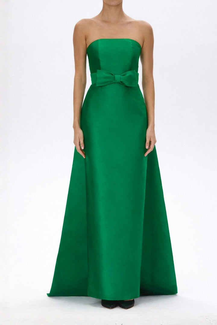Eliza Silk and Wool Column Gown with Detachable Bow Train
