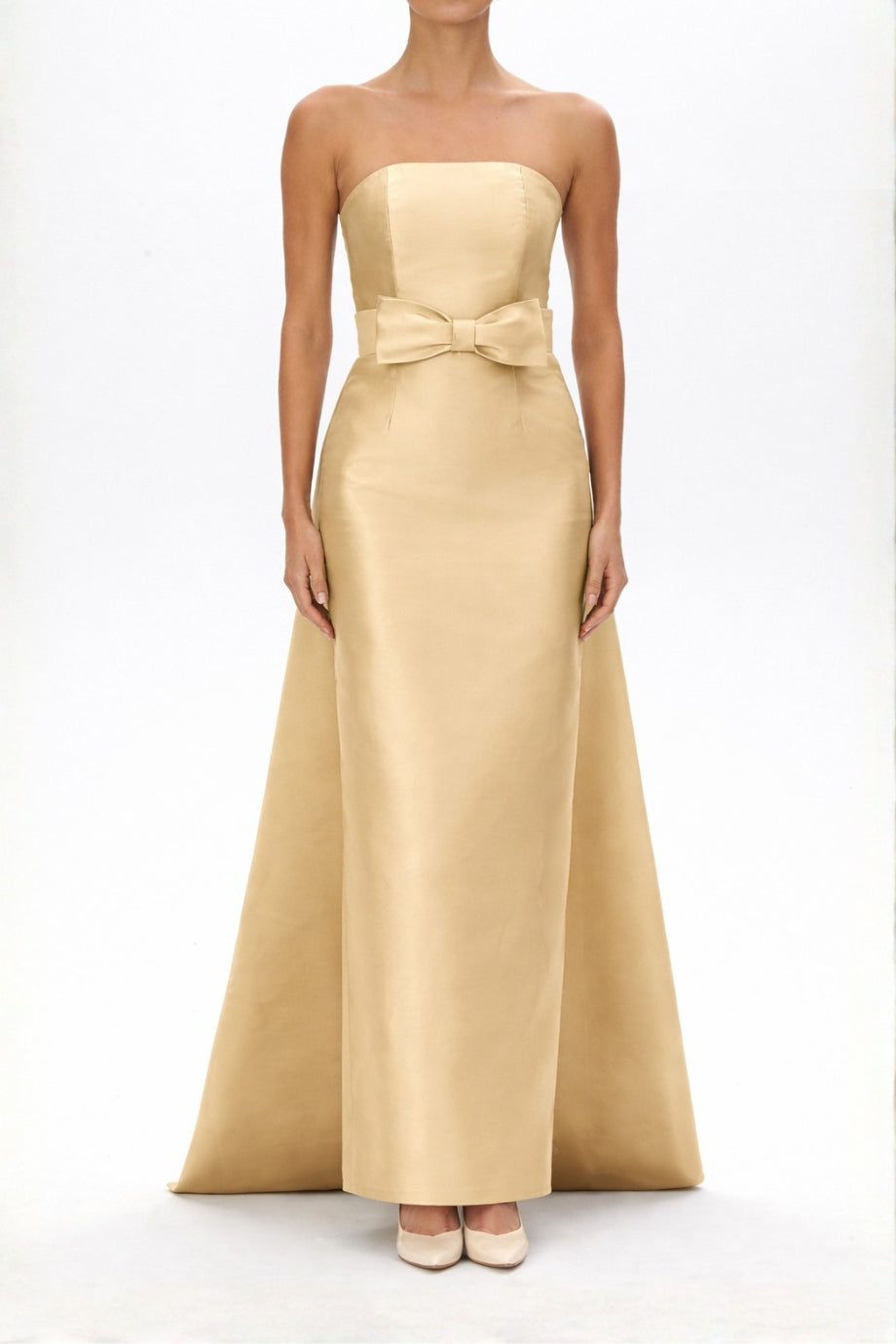 Eliza Silk and Wool Column Gown with Detachable Bow Train