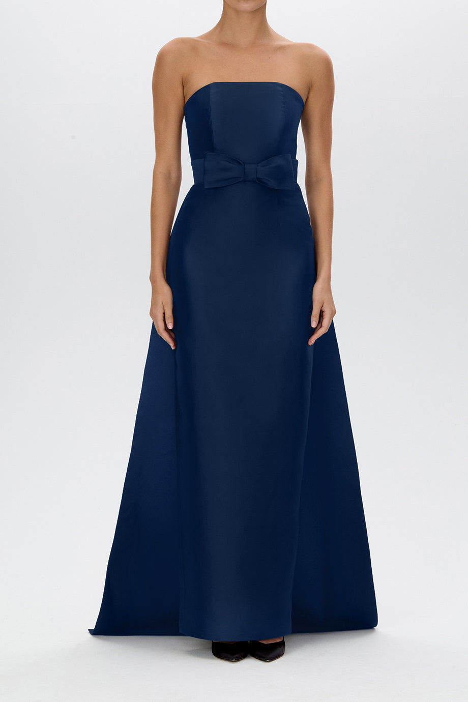 Eliza Silk and Wool Column Gown with Detachable Bow Train