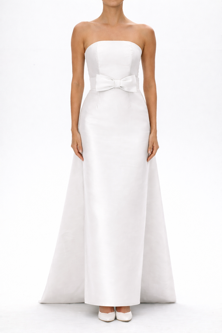 Eliza Silk and Wool Column Gown with Detachable Bow Train