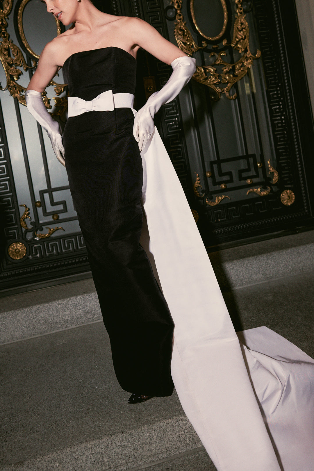 Leonore Silk Faille Column Gown with Detachable Bow Train