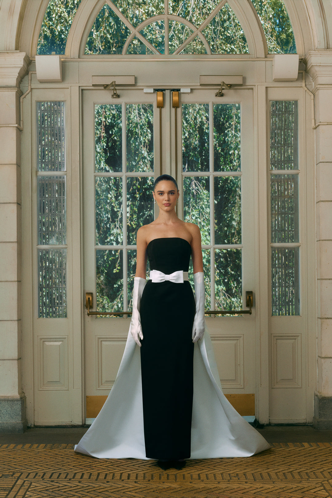 Leonore Silk Faille Column Gown with Detachable Bow Train