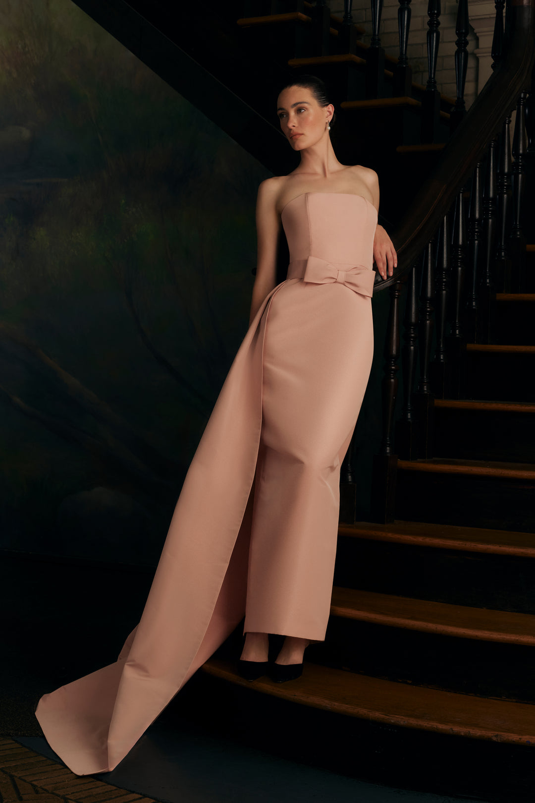 Leonore Silk Faille Column Gown with Detachable Bow Train