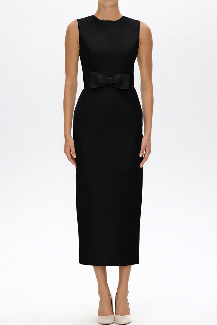 Lydia Silk Faille Midi Dress with Bow Belt