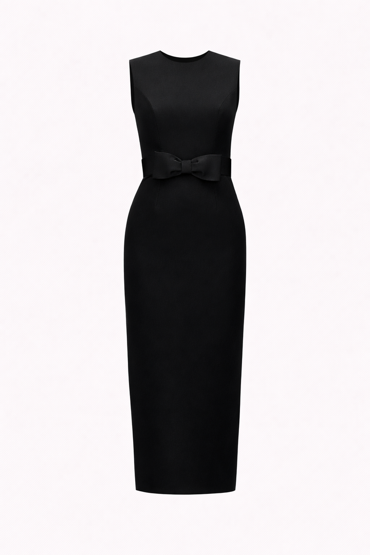 Lydia Silk Faille Midi Dress with Bow Belt