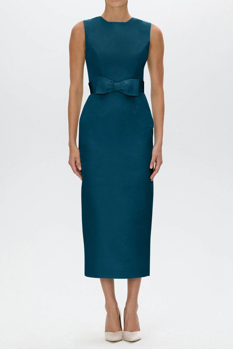 Lydia Silk Faille Midi Dress with Bow Belt