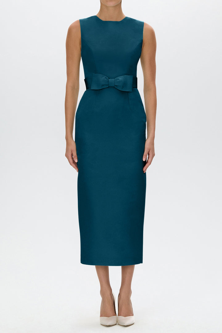 Lydia Silk Faille Midi Dress with Bow Belt