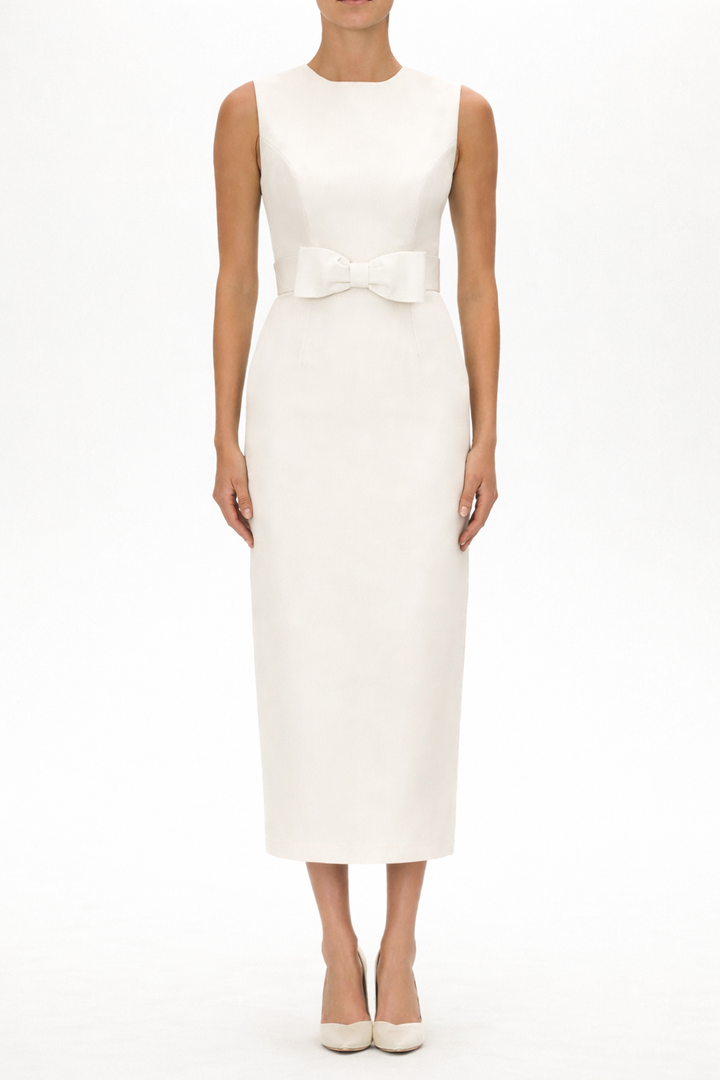 Lydia Silk Faille Midi Dress with Bow Belt