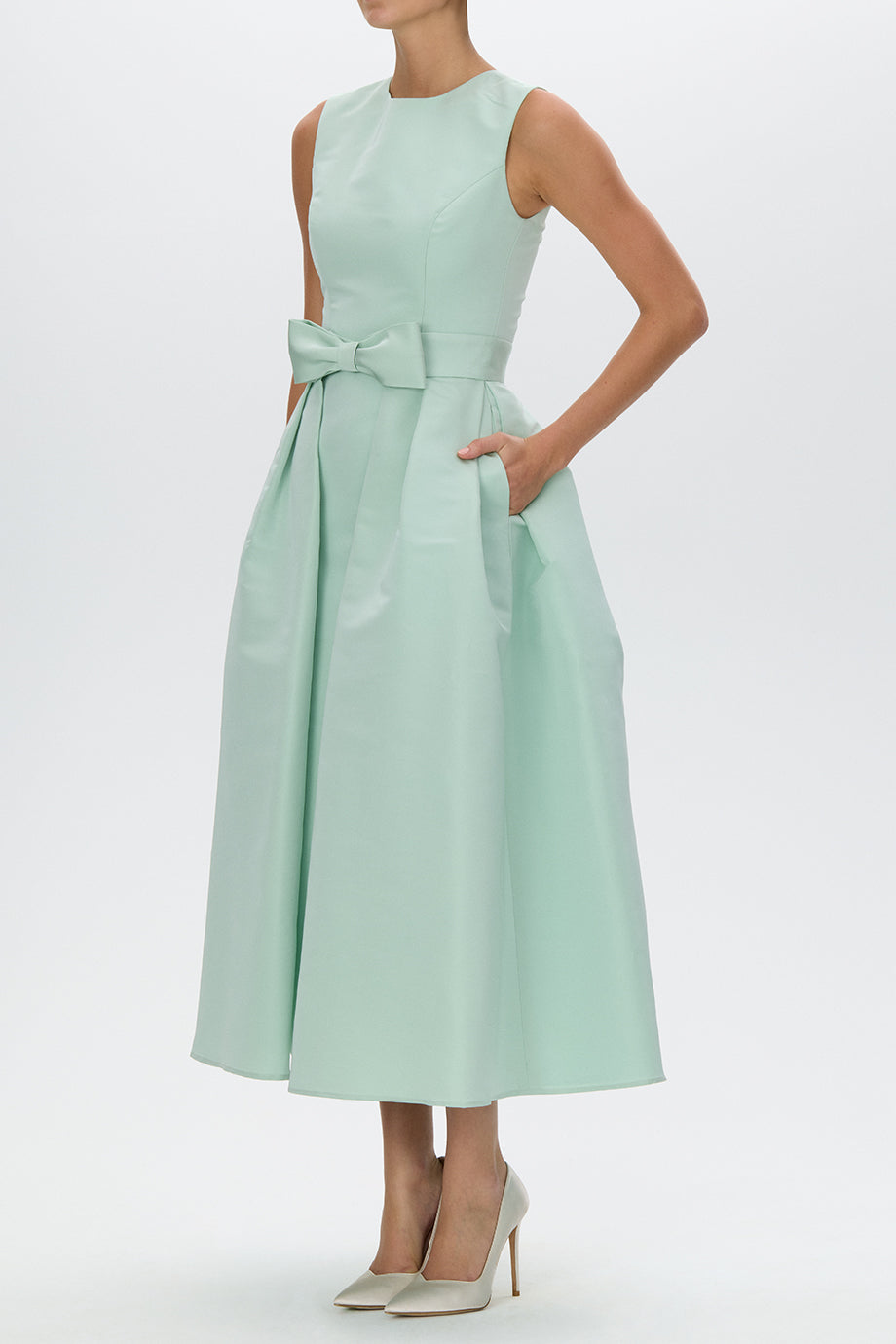 Lydia Silk Faille Midi Dress with Mid-Length Bow Convertible Skirt
