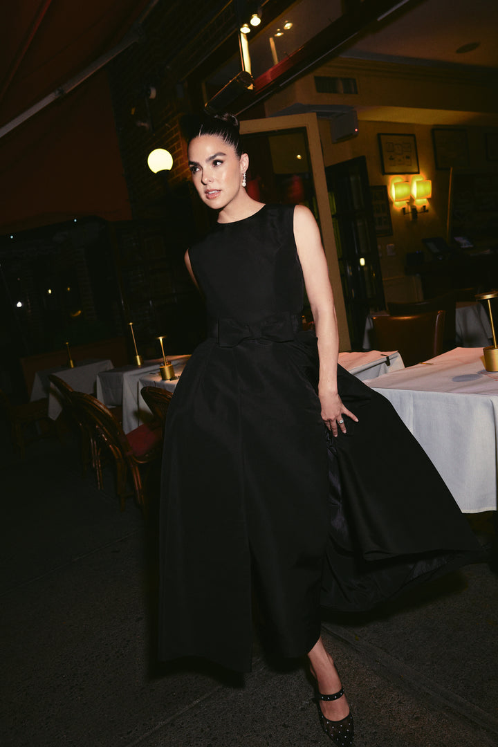 Lydia Silk Faille Midi Dress with Mid-Length Bow Convertible Skirt