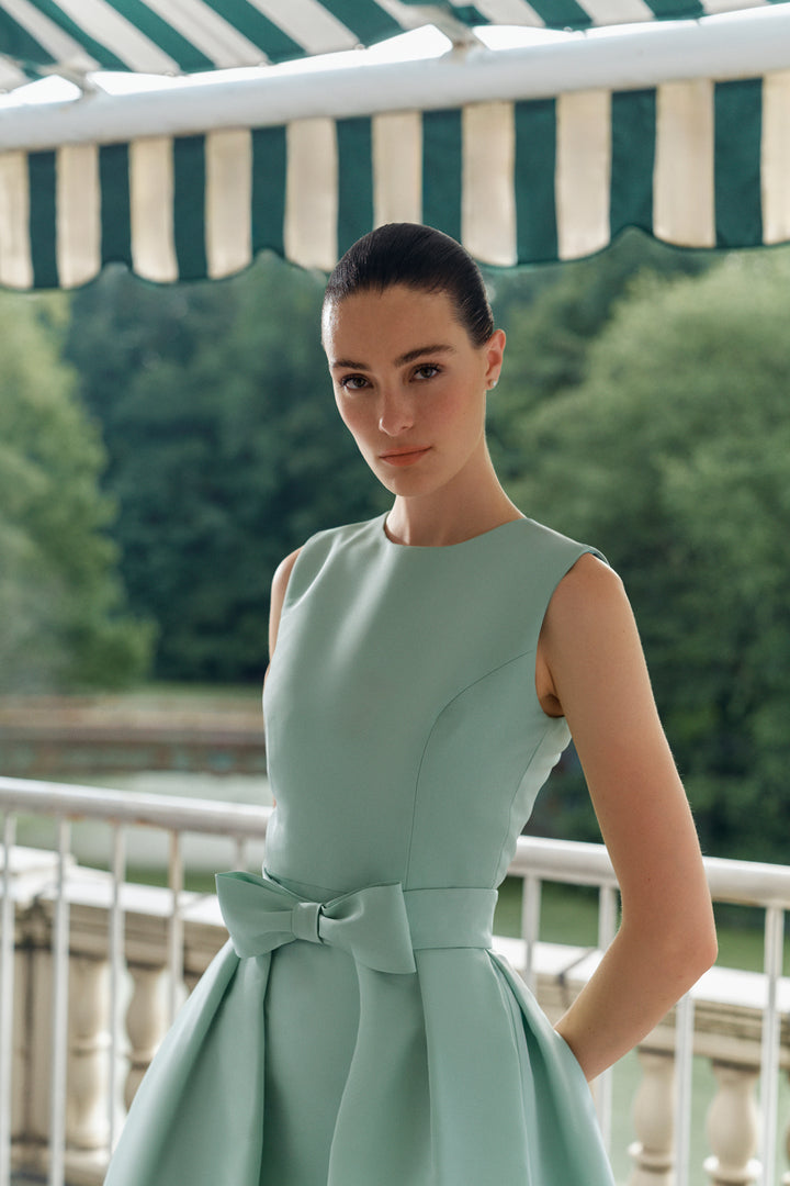 Lydia Silk Faille Midi Dress with Mid-Length Bow Convertible Skirt