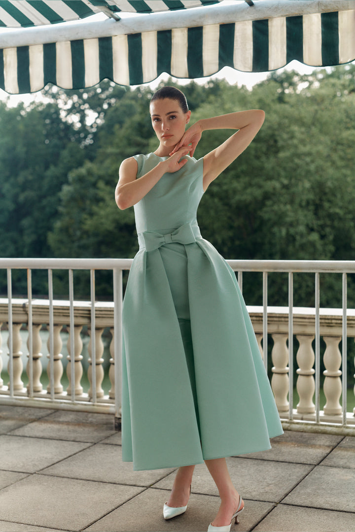 Lydia Silk Faille Midi Dress with Mid-Length Bow Convertible Skirt