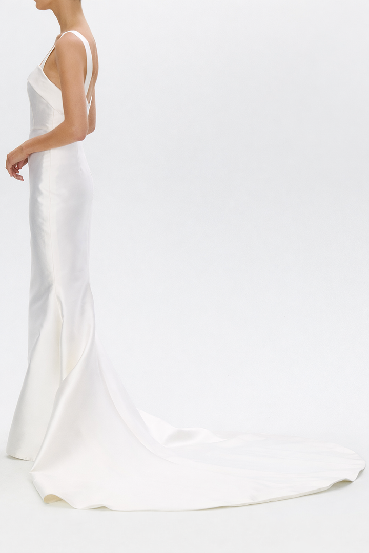 Romina Silk and Wool Mermaid Gown with Detachable Bow Train
