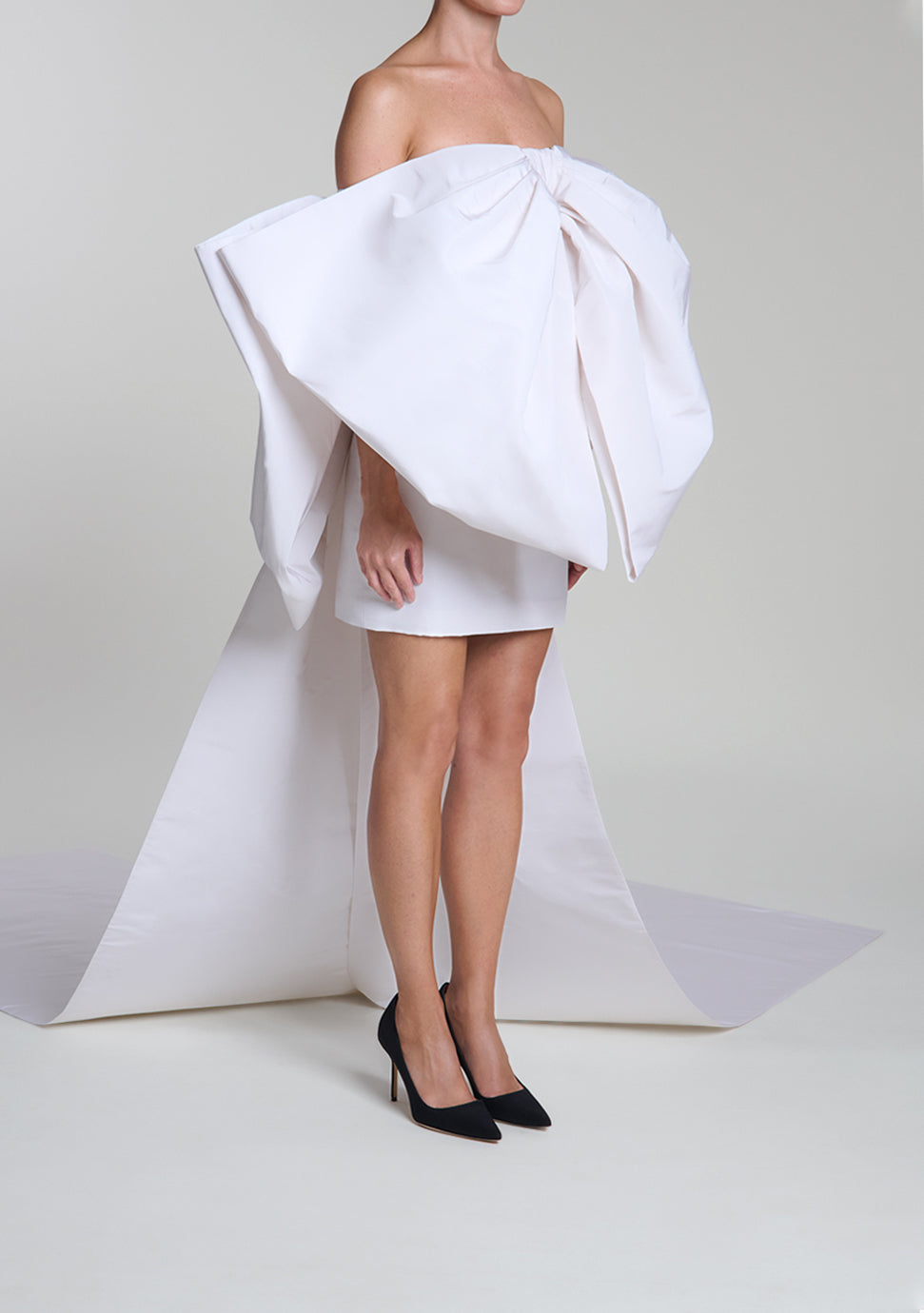 Off-The-Shoulder Bow Silk Faille Mini Dress with Floor Length Sashes 8 / Light Blue