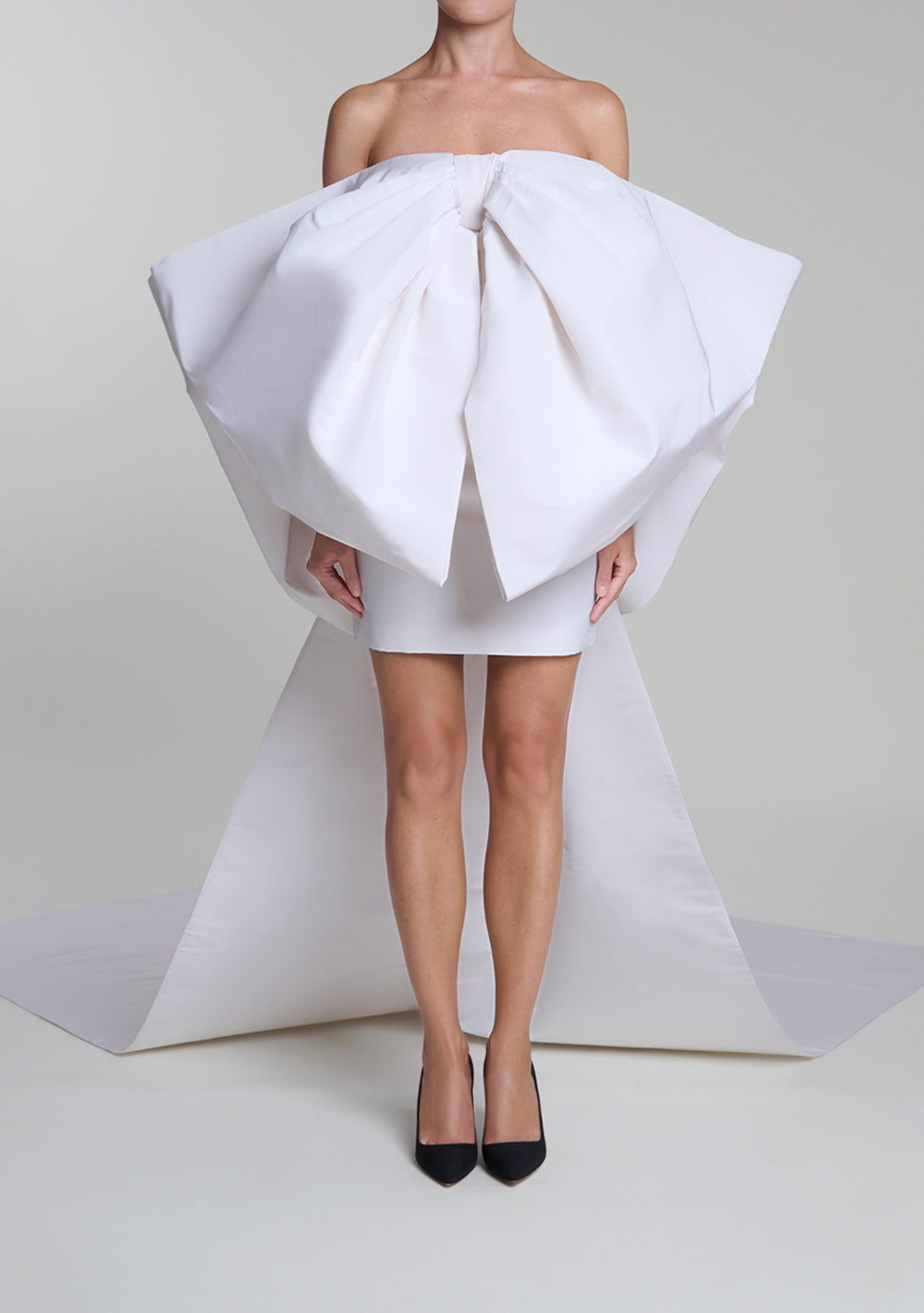 Off-The-Shoulder Bow Silk Faille Mini Dress with Floor Length Sashes 10 / White Off-The-Shoulder Bow Silk Faille Mini Dress with Floor Length Sashes 10 / White