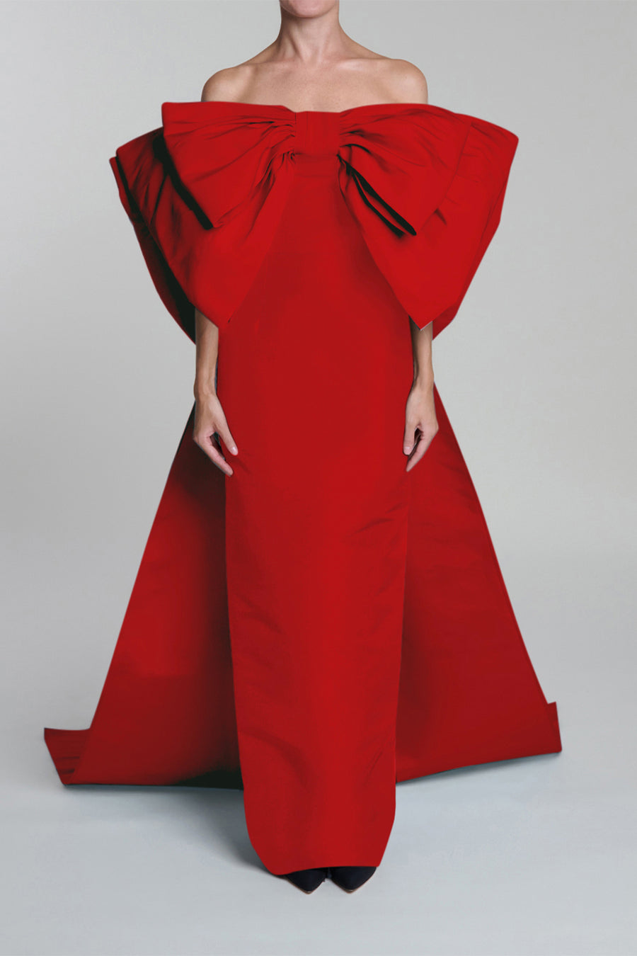 Anniversary Off-The-Shoulder Double Bow Silk Faille Column Gown