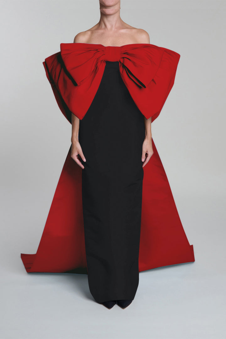 Anniversary Off-The-Shoulder Double Bow Silk Faille Column Gown with Detachable Cape