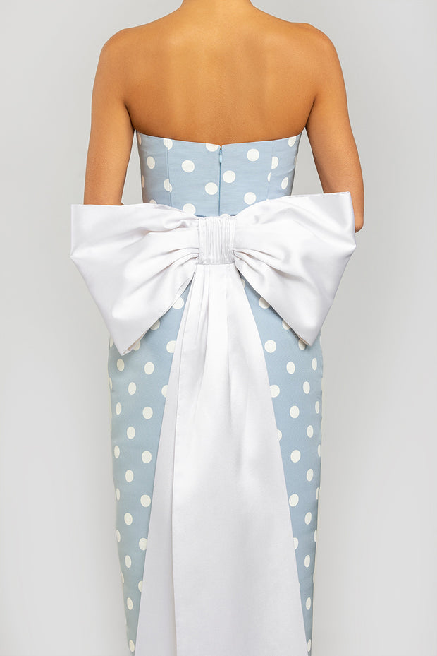 Emily Polka Dot Silk Faille Midi Dress with Detachable Bow Back Silk and Wool Sash