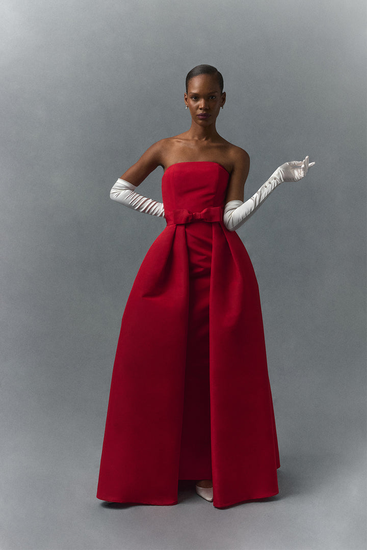 Silk Faille Strapless Column Gown with Bow Convertible Skirt