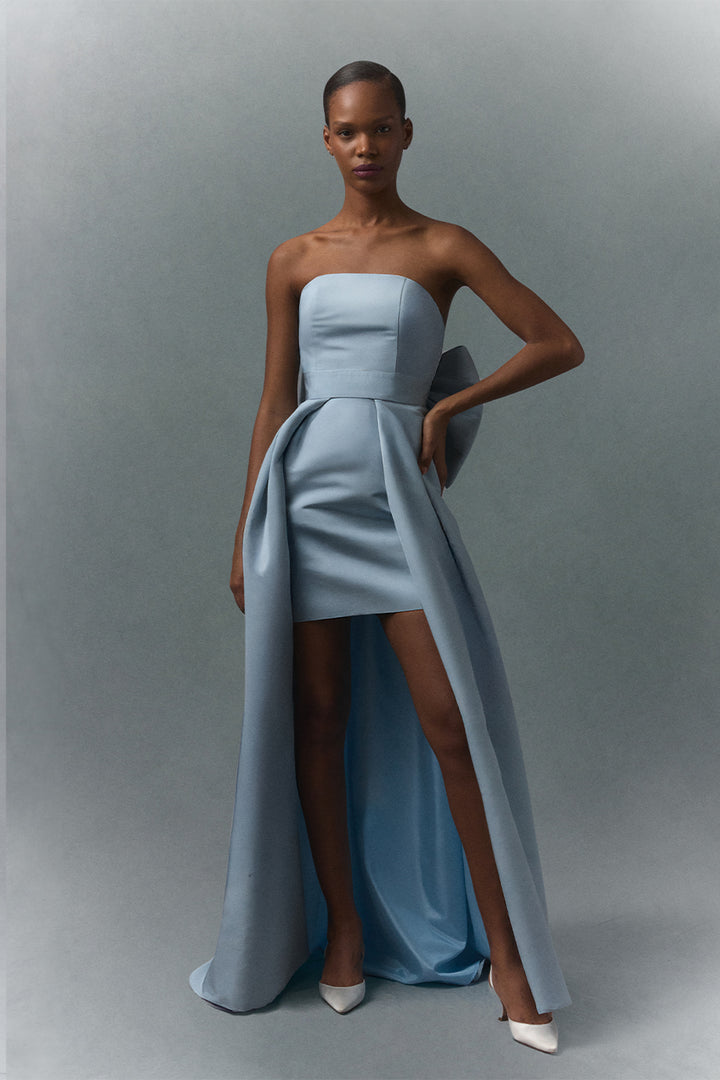 Silk Faille Bow Back Mini Dress with Convertible Skirt
