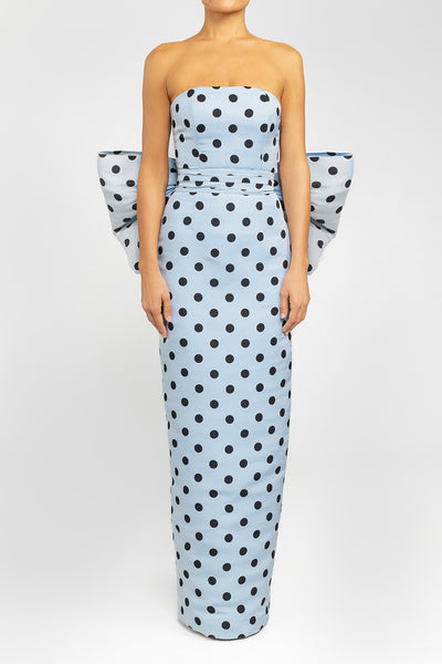 Strapless Polka Dot Silk Faille Column Gown with Bow Back Sash